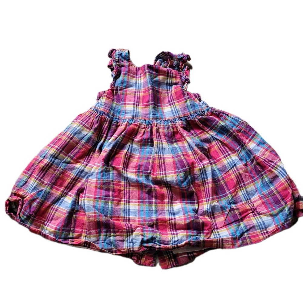 VTG Ralph Lauren Baby Girl Plaid Ruffle Dress Size 9 Month Pink/Blue Cottagecore